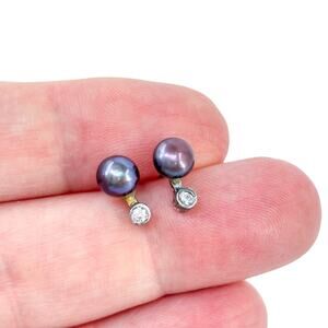 Vintage Sterling Silver 925 Black Pearl Cubic Zirconia Stud Earrings